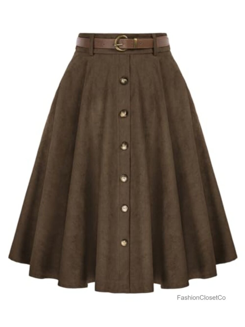 Vintage Stretch High Waist A-Line Midi Corduroy Skirt with Pockets and Belt